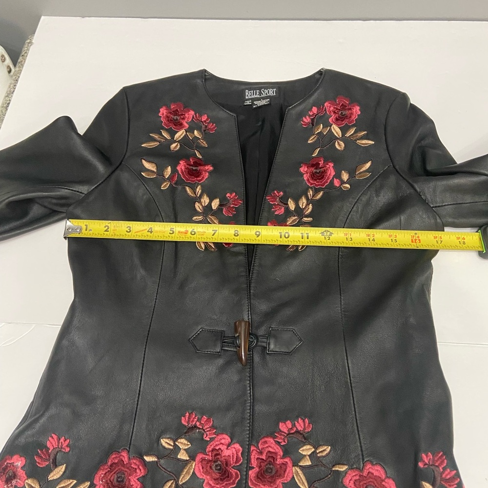 BELLE SPORT Womens Black Leather Jacket Blazer Floral Embroidery Throughout S - Picture 10 of 17